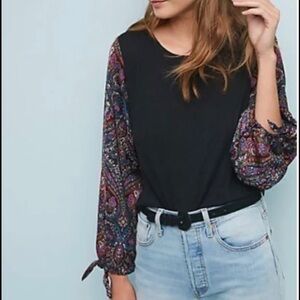 Anthropologie Akemi + Kin Black Maybelle Tie Sleeve Top Long Sleeve